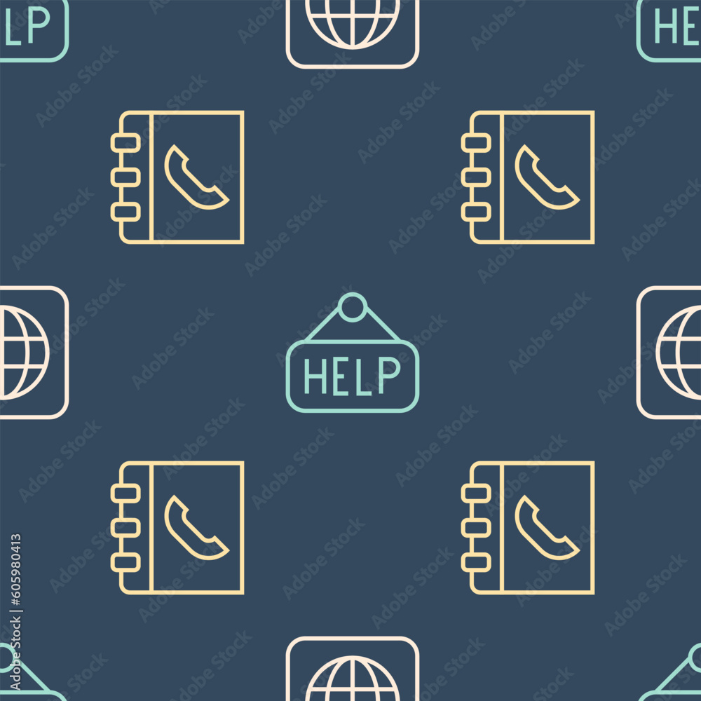 Poster set line worldwide, phone book and signboard with text help on seamless pattern. vector