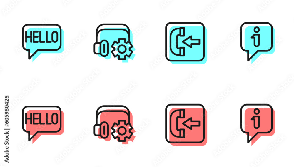 Poster set line incoming call phone, hello different languages, headphoneswith settings and information ico