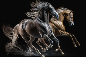Horses in motion isolated on black background, hyperrealism, photorealism, photorealistic