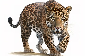 Jaguar - animal front view, isolated on white, shadow, hyperrealism, photorealism, photorealistic - obrazy, fototapety, plakaty