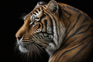 Tiger with a black background, hyperrealism, photorealism, photorealistic