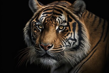 Tiger with a black background, hyperrealism, photorealism, photorealistic