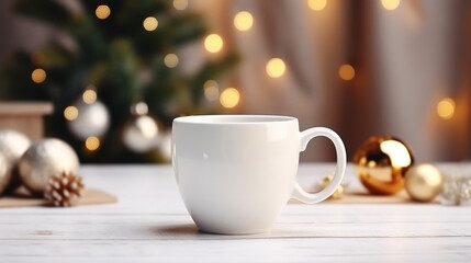 Obraz na płótnie Canvas White ceramic coffee cup with christmas tree on bokeh background. mockup for creative advertising text message or promotional content. Generative AI