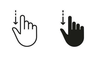 Drag Down, Hand Finger Swipe Line and Silhouette Black Icon Set. Pinch Screen, Rotate Touch Screen Pictogram. Gesture Slide Down Symbol Collection on White Background. Isolated Vector Illustration