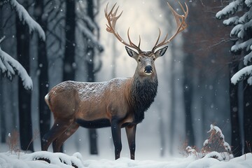 Noble deer male in winter snow forest. Artistic winter christmas landscape. , hyperrealism, photorealism, photorealistic