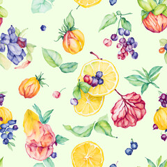 Seamless pattern with watercolor tropical flowers and fruits