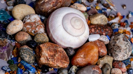Closeup of a heap of rocks, crystals, and a snail shell. Holistic Medicine concept.