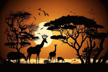 Fototapeta na wymiar Savanna animals on a background of a sunset sun. Silhouettes of wild animals of the African savannah. African landscape with animals and trees at sunset, hyperrealism, photorealism, photorealistic