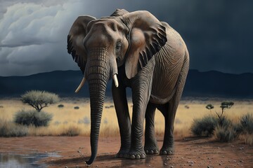 Fototapeta na wymiar A lone elephant standing in the distance, Kenya, hyperrealism, photorealism, photorealistic