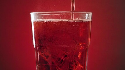 Closeup of pouring tasty energy drink with ice in a glass on a red background