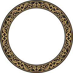 Vector gold and black Kazakh national round pattern, frame. Ethnic ornament of the nomadic peoples of Asia, the Great Steppe, Kazakhs, Kirghiz, Kalmyks, Mongols, Buryats, Turkmens