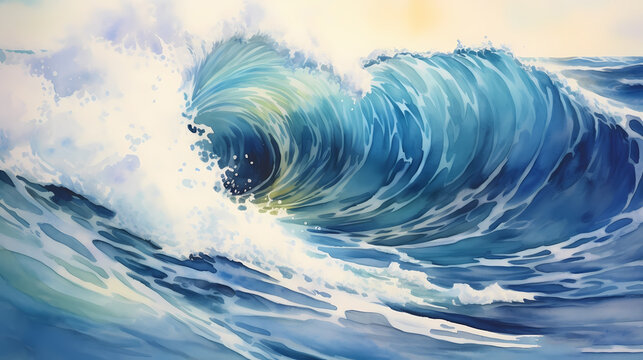 Sea wave watercolor illustration. Generative AI