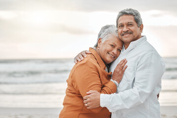 Love, hug and portrait of old couple on beach for romance, bonding and travel. Vacation, retirement...