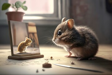 Cat playing with little gerbil mouse on the table. Natural light, hyperrealism, photorealism, photorealistic