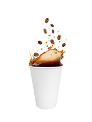 A white paper cup filled with espresso coffee. Coffee splash with flying coffee beans. On a white background. Isolated. Takeaway coffee. eco paper tableware.