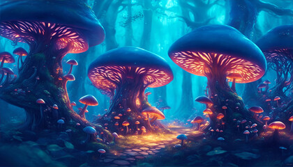 Fantasy Fungi Mushroom Forest, Colorful Fairy Illustration, Generative AI