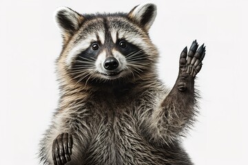 Portrait of a funny raccoon showing a rock gesture isolated on white background. JPG, hyperrealism, photorealism, photorealistic