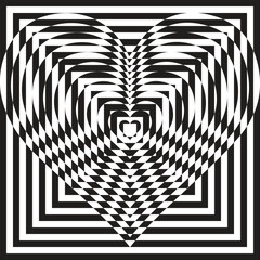 Abstract geometric pattern background with black and white heart and square shapes