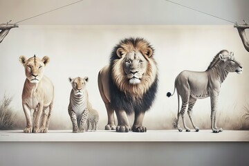 Safari Animals Hanging Over White Banner, hyperrealism, photorealism, photorealistic