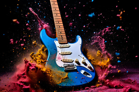 Electric guitar with powerful explosion of mix color powder. AI generated.