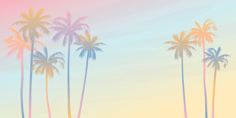 Fototapeta na wymiar Colorful palm trees with surrealistic sky background vector illustration. Summer traveling and party at the beach paetel colors concept flat design with blank space.