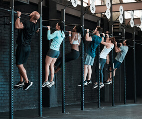 People, group and exercise with pull ups, training and endurance with fitness, workout goal and...