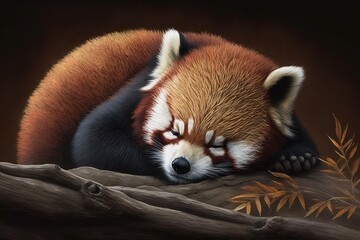 Sleeping Red Panda. Funny cute animal image. , hyperrealism, photorealism, photorealistic
