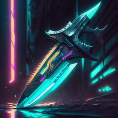 beautiful glowing neon knife in cyberpunk style