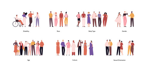 Diversity and inclusion concept. Vector flat character illustration. Multi culture, ethnic, disability, body type, different gender and sexual orientation, various age happy male and female people set - obrazy, fototapety, plakaty