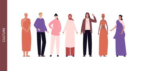 Diversity and inclusion concept. Vector flat character illustration set. Group of multi cultural person. Male, female in tradition ethnic cloth. Sari, buddhist, caucasian, muslim hijab, african woman.