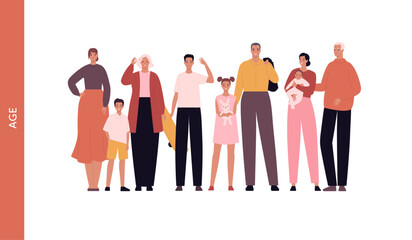 Diversity and inclusion concept. Vector flat character illustration set. Group of different age person. Male, female boy, girl, adult, grandmother and father in casual clothing. Various skin color