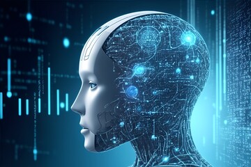 Artificial intelligence. AI. Digital human face AI. Human face made from Data. Generative AI