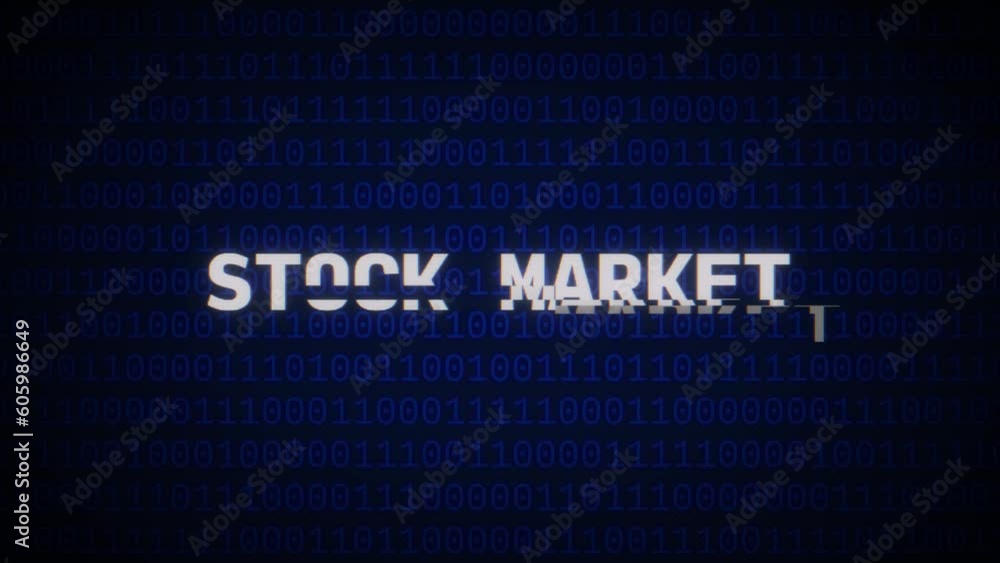 Poster animation of a stock market word isolated on a blue matrix background with glitched effect