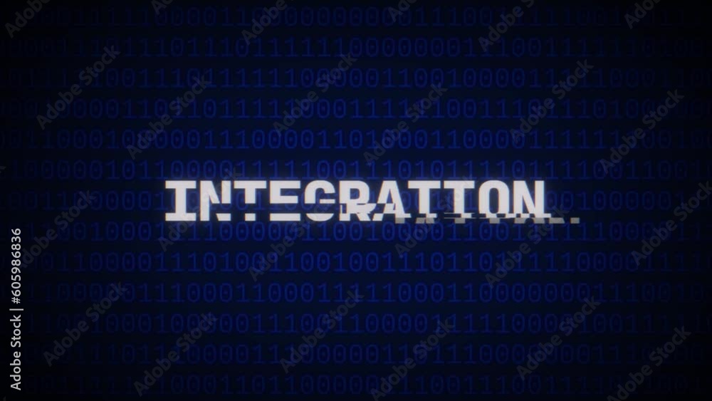 Poster animation of the word integration on blue matrix background with a glitched effect