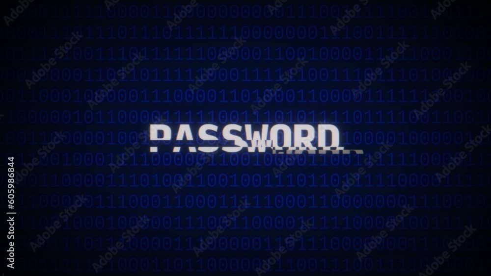 Poster animation of the word password on blue matrix background with a glitched effect