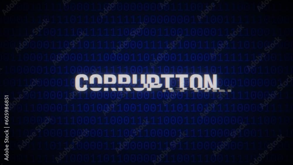 Aufkleber animation of the word corruption on blue matrix background with a glitched effect