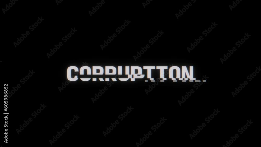 Poster animation of the word corruption on black background with a glitched effect