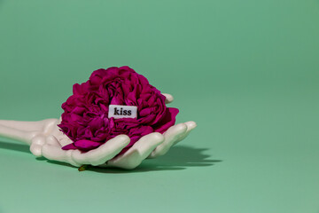 skeleton hand holding pink flower on green background, creative romantic concept, word kiss in flowers
