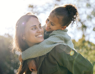 Happy, piggyback and a mother and child in a park for playing, bonding and quality time. Smile, hug...