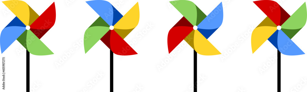 Poster set of colorful pinwheel or spinning windmill with stick and different rotation phases symbol icon. 