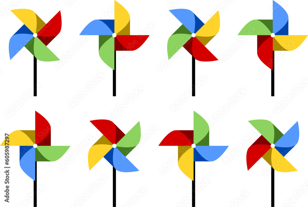 Poster Set of Colorful Pinwheel or Spinning Windmill with Stick and Different Rotation Phases Symbol Icon. Vector Image.