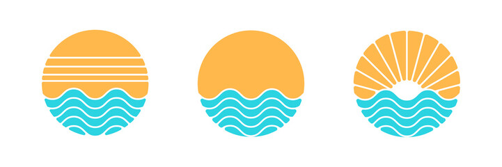 Logo collection of sunset retro design. Vintage graphic of sun dipped in sea ocean. 80s 90s summer poster element vector illustration