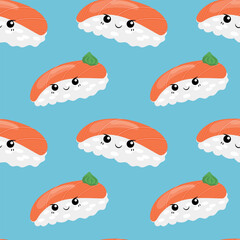 Seamless sushi pattern with cute faces