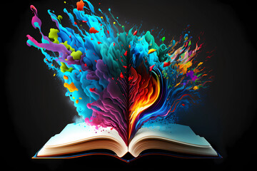 Opened book exploding with wisdom, colorful concept