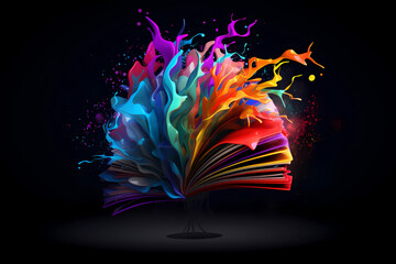 Opened book exploding with wisdom, colorful concept