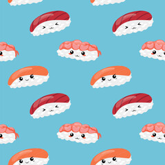 Seamless sushi pattern with cute faces