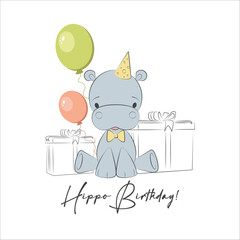 Birthday card invitation for kids. Happy hippo cute character with gifts and balloons vector illustration
