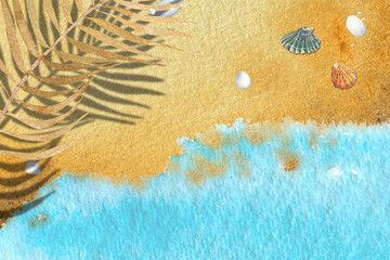 Watercolor illustration top view sand beach ,shells,blue wave.Beautiful postcard or background