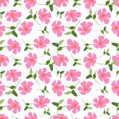 seamless pattern with pink flowers with leaves on white background