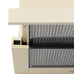 Hood isolated on white background. Canopy preparation. Smoke extractor made of stainless steel. Island ventilation. Electric chimney, front view. Kitchen and household appliances